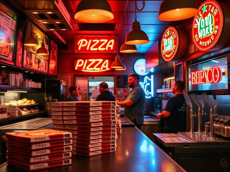 Busy NYC pizzeria counter